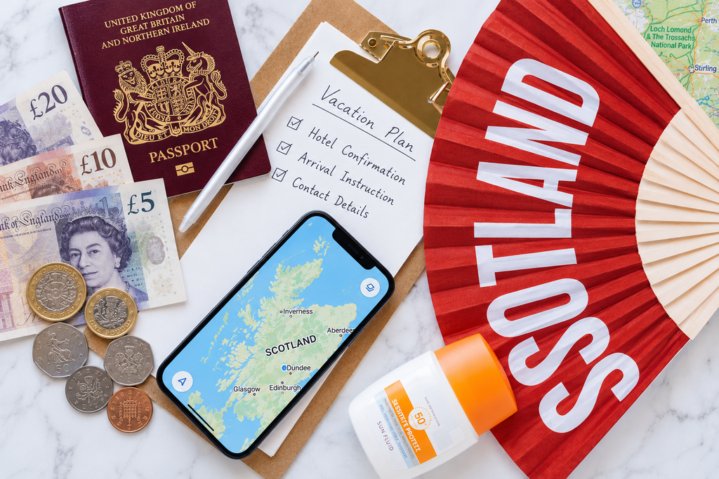 Scotland travel planning flat lay featuring a smartphone displaying a map of Scotland and a handwritten checklist for hotel confirmation, arrival instructions and contact details.